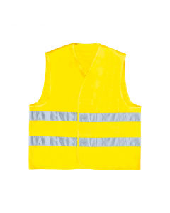 Gilet in poliestere con chiusura mediante fascia auto-stringente. Strisce retro-riflettenti cucite. Categoria DPI: 2. Certificazione CE. Conformità alle norme EN ISO 13688:2013 e EN ISO 20471:2013 /A1:2016.