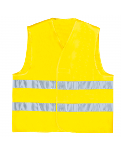 Gilet in poliestere con chiusura mediante fascia auto-stringente. Strisce retro-riflettenti cucite. Categoria DPI: 2. Certificazione CE. Conformità alle norme EN ISO 13688:2013 e EN ISO 20471:2013 /A1:2016.