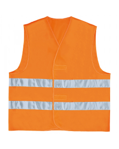 Gilet in poliestere con chiusura mediante fascia auto-stringente. Strisce retro-riflettenti cucite. Categoria DPI: 2. Certificazione CE. Conformità alle norme EN ISO 13688:2013 e EN ISO 20471:2013 /A1:2016.