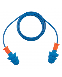 Confezione da 50 paia di inserti auricolari in TPR rilevabili e riutilizzabili con cordino in plastica. Inserti in ferro e ottone, i deali per l'industria alimentare. Utilizzabili con o senza cordino. Taglia unica. Colore: blu. Settori: Produzione / Lavor