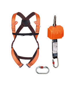Kit anticaduta con imbracatura con cinghie bicolori e anticaduta a richiamo automatico a cinghia per spostamenti brevi. Con borsa di stoccaggio. Punto di ancoraggio anticaduta : 2 (dorsale/sternale). Situazioni di arresto di caduta: piccolo spostamento ve