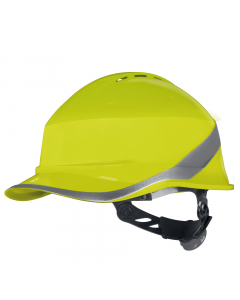 Elmetto da cantiere ventilato, in ABS. Innovativa forma stile cappellino da baseball, che consente una maggiore visione in verticale. Certificato per uso normale e per essere portato all'indietro, per avere meno ingombro. Cuffia poliammide : 3 fasce tessi