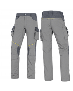 Gamma abbigliamento da lavoro 65% poliestere 35% cotone. Pantalone 9 tasche (di cui 1 portametro) e lati vita elasticizzati. Ginocchia e fondo schiena rinforzati. Categoria DPI: 2. Certificazione CE. Conformità alle norme EN ISO 13688:2013 e EN14404:2004+