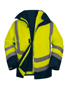 Parka 5 in 1 da pioggia : Cuciture impermeabili. Chiusura zip doppio cursore anti-freddo sotto baverina stringente. Polsini regolabili con chiusura con velcro. 3 tasche di cui 1 con zip all'interno. Alta visibilità : Classe 3 - Bande a bretella e parallel