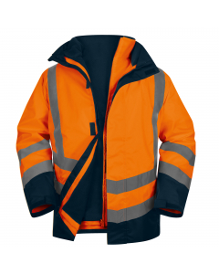 Parka 5 in 1 da pioggia : Cuciture impermeabili. Chiusura zip doppio cursore anti-freddo sotto baverina stringente. Polsini regolabili con chiusura con velcro. 3 tasche di cui 1 con zip all'interno. Alta visibilità : Classe 3 - Bande a bretella e parallel