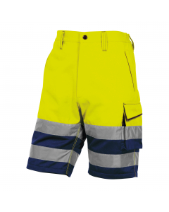 Bermuda con elastico in vita. Alta visibilità , strisce colore argento. Dotato di 5 tasche. Giallo fluo. Categoria DPI: 2. Certificazione CE. Conformità alle norme EN ISO 13688:2013 e EN ISO 20471:2013 /A1:2016.