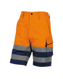 Bermuda con elastico in vita. Alta visibilità , strisce colore argento. Dotato di 5 tasche. Arancio fluo. Categoria DPI: 2. Certificazione CE. Conformità alle norme EN ISO 13688:2013 e EN ISO 20471:2013 /A1:2016.
