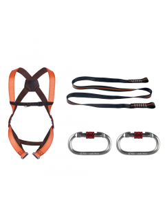Kit base di trattenuta pronto all'uso con borsa di trasporto. Punto di ancoraggio anticaduta : 1 (dorsale). Situazioni di arresto di caduta: trattenuta. Utilizzabile su piattaforme aree e cestelli per prevenire la caduta e limitare il movimento.