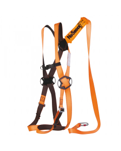 CLASSIC - Kit anticaduta pronto all'uso: Imbracatura 1 punto di ancoraggio anticaduta (dorsale) con anticaduta assorbitore di energia integrato, non rimovibile, in cinghia di poliestere, lunghezza 2 m. 2 fibbie di regolazione. 2 placche laterali di regola