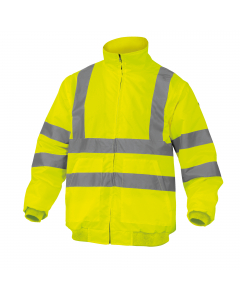 Giubbotto alta visibilità Oxford spalmato PU. Fodera pile poliestere. Maniche staccabili. Cuciture impermeabili. Cappuccio fisso. Collo foderato pile. Polsini e parte bassa bordo a coste. Categoria DPI: 2. Certificazione CE. Conformità alle norme EN ISO 1