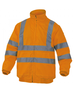 Giubbotto alta visibilità Oxford spalmato PU. Fodera pile poliestere. Maniche staccabili. Cuciture impermeabili. Cappuccio fisso. Collo foderato pile. Polsini e parte bassa bordo a coste. Categoria DPI: 2. Certificazione CE. Conformità alle norme EN ISO 1