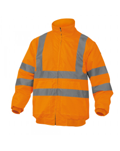 Giubbotto alta visibilità Oxford spalmato PU. Fodera pile poliestere. Maniche staccabili. Cuciture impermeabili. Cappuccio fisso. Collo foderato pile. Polsini e parte bassa bordo a coste. Categoria DPI: 2. Certificazione CE. Conformità alle norme EN ISO 1