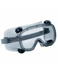 Occhiali a maschera in policarbonato incolore. Montatura flessibile in PVC. Ventilazione indiretta tramite 4 aeratori. Fascia in tessuto elastico. Proteggono contro gli schizzi di media energia 120. Cetgoria DPI: 2. Certificazione CE. Conformità alla norm