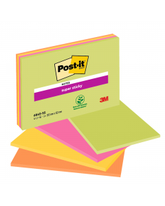 Foglietti Post-it® Super Sticky per meeting colori Neon - 1 blocco verde neon, 1 blocco giallo neon, 1 blocco arancio neon, 1 blocco fucsia. Formato XXXL. Confezione da 4 blocchetti senza film singolo da 45 fogli f.to 203x152mm.