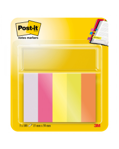 Segnapagina in carta, autoadesivi, scrivibili e riposizionabili. Formato 15x50mm. 100 fogli in 5 colori assortiti: lilla, rosa, giallo, verde, arancio. Confezione da 500fogli.