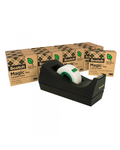 La confezione comprende 1 dispenser C38 nero per nastri adesivi con 14 rotoli di nastro adesivo Magic 900 da 13mm x 33mt