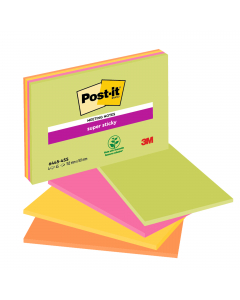 Foglietti Post-it® Super Sticky per meeting colori Neon - 1 blocco verde neon, 1 blocco giallo neon, 1 blocco arancio neon, 1 blocco rosa neon. Formato XXL. Confezione da 4 blocchetti senza film singolo da 45 fogli f.to 101x152mm.