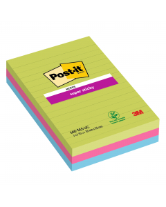 Il foglietto Post-it® Super Sticky Ultracolor, per messaggi ordinati e molto visibili, non passano mai inosservati . Grazie all’adesivo rinforzato si attaccano praticamente su tutte le superfici e non lasciano traccia. Blocchetti da 45 fogli a righe. Colo