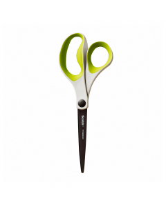 Forbici con lama in titanio, perno regolabile per il controllo della tensione. Impugnatura comfort in morbida gomma. Colori assortiti della gomma: verde acido, lilla, turchese. Lunghezza 20cm.