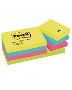 Blocco di foglietti Post-it. Un mix di colori forti che variano dal giallo al fucsia per far emergere al meglio i tuoi messaggi! Blocchetti da 100 fogli. Formato 38 x 51mm. Colori assortiti. Nuove confezioni in cartoncino riciclato.