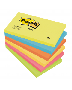 Blocco di foglietti Post-it. Un mix di colori forti che variano dal giallo al fucsia per far emergere al meglioo i tuoi messaggi! Blocchetti da 100 fogli. Formato 76x 127mm. Colori assortiti.