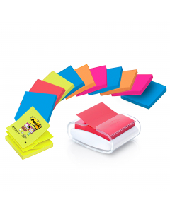 Set completo da scrivania: dispenser da tavolo ricaricabile trasparente/bianco + 12 ricariche di foglietti per dispenser Post-it® Super Sticky Z-Notes certificate in PEFC colori assortiti. Formato 76x76.