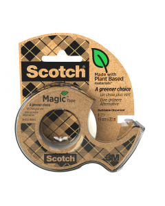 Dispenser in matateriale riciclato contenente 1 rotolo di nastro adesivo Scotch® Magic™ 900 Green: Nastro adesivo 19mmx20m invisibile permanente, supporto in acetato di cellulosa, adesivo di origine vegetale, anima in cartoncino riciclato al 100%, pack in