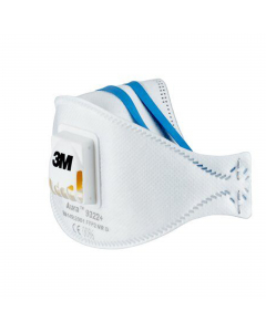 Il respiratore per carteggiatura a mano e per l'uso di utensili elettrici 3M™ Aura™ 9322+ è la mascherina facciale filtrante a valvola con design a 3 lembi Aura™, ponte nasale regolabile, lembo nasale scolpito, stringitesta con codifica colore e valvola 3