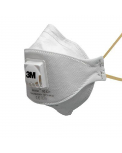 Il respiratore per carteggiatura a mano 3M™ Aura™ 9312+ è la mascherina facciale filtrante con design a 3 lembi Aura™, ponte nasale regolabile, lembo nasale scolpito, stringitesta con codifica colore e valvola 3M™ Cool Flow™ per una vestibilità confortevo