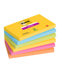 Foglietti Post-it® Super Sticky Carnival: giallo sole, blu paradiso, verde lime, rosa power, arancio acceso.