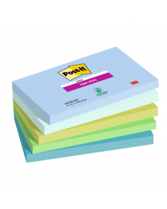Foglietti Post-it® Super Sticky Oasis: blu jeans, verde menta, verde lime, verde trifoglio, verde cristallo di mare.