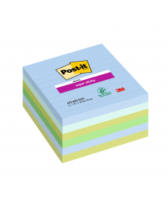 Foglietto Post-it® Super Sticky con adesivo rinforzato può essere applicato anche su superfici difficili e ruvide. Blocchetti da 90 fogli cad. Colori Oasis: blu jeans, verde menta, verde lime, verde trifoglio, verde cristallo di mare. Formato 101x101mm.
