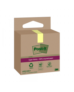 Foglietti Post-it®SuperSticky Green in carta riciclata al 100%. Doppia forza adesiva rispetto al trazizionale. Confezione in carta riciclata. Blocchetti da 70 fogli giallo Canary.