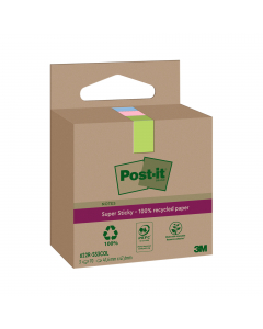 Foglietti Post-it®SuperSticky Green in carta riciclata al 100%. Doppia forza adesiva rispetto al trazizionale. Confezione in carta riciclata. Blocchetti da 70 fogli colori pastello assortiti.