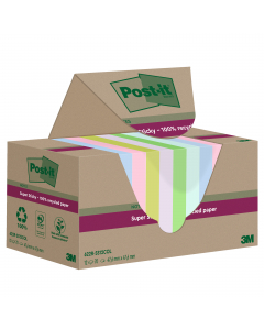 Foglietti Post-it®SuperSticky Green in carta riciclata al 100%. Doppia forza adesiva rispetto al trazizionale. Confezione in carta riciclata. Blocchetti da 70 fogli colori pastello assortiti.