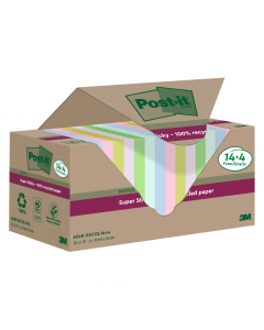 Foglietti Post-it®SuperSticky Green in carta riciclata al 100%. Doppia forza adesiva rispetto al trazizionale. Confezione in carta riciclata. Blocchetti da 70 fogli colori pastello assortiti.