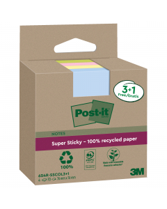 Foglietti Post-it®SuperSticky Green in carta riciclata al 100%. Doppia forza adesiva rispetto al trazizionale. Confezione in carta riciclata. Blocchetti da 70 fogli colori pastello assortiti.