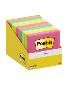 Mini espositore da 10 blocchetti da 100 foglietti confezionati con film individuale, formato 76x76mm, colori assortiti.