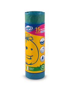 Sacchi immondizia colore blu con maniglie gialle e fondo antigoccia, profumati al limone. Formato 53x65cm 40Lt 25µ in polietilene a bassa densità (LDPE). In rotolo da 15 sacchi con fascetta.
