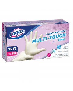 Guanti monouso in vinile Multi-Touch ideali chi soffre di allergie. Idonei al contatto alimentare. NON TALCATI.