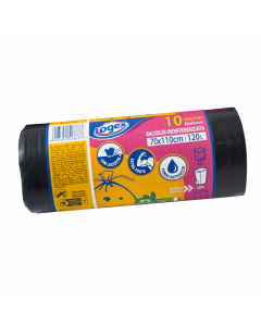 Sacchi neri condominiali 70x110cm (120 litri) in rotolo con fascetta di carta. In polietilene a bassa densità (LDPE) rigenerato non inferiore al 97%. Spessore 43 micron (+/- 2,5). Peso di un sacco 61gr (+/-5%). Sacchi capienti e resistenti ideali per l'us