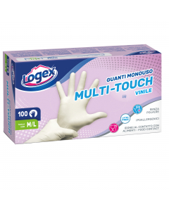 Guanti monouso in vinile Multi-Touch ideali chi soffre di allergie. Idonei al contatto alimentare. NON TALCATI.
