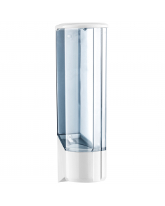 Dispenser da muro per bicchieri in plastica. Contiene fino a 50 bicchieri per bibita e fino a 70 bicchierini caffè con l'apposita riduzione. Fornito con viti e tasselli. Dimensioni: L10 x P10 x H31,5cm. All'interno della confezione vengono forniti nr. 2 a