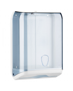 "Dispenser portaasciugamani piegati a ""C"" a ""Z"" a ""V"". CapacitÓ 400 fogli. Dimensioni h375xp137xl280mm. Colore trasparente/bianco."