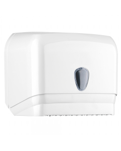 "Dispenser colore bianco con lente riserva per asciugamani in carta. Puo' contenere sia il rotolo (dimensioni massime diametro 155mm h240mm) o i fogli intercalati piegati a ""C"" o a ""V"". Dimensioni dispenser: h251xp195xl300mm."