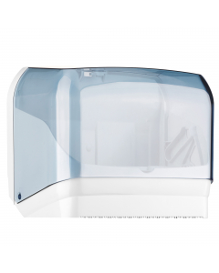 "Dispenser per asciugamani in carta. Puo' contenere sia il rotolo (dimensioni massime diametro 155mm h240mm) o i fogli intercalati piegati a ""C"" o a ""V"". Dimensioni dispenser: h251xp195xl300mm."