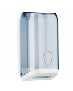 Dispenser murale per carta igienica in fogli interfogliati, capacità massima 500 foglietti. Dimensioni dispenser: 30,7x13,3x15,8cm, colore bianco/trasparente.