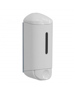 Dispenser per detergente doccia shampoo a riempimento. Capacità 0,17lt. Colore bianco. Erogazione a pulsante. Serratura a chiave, finestrella trasparente per controllare il livello di riempimento. Piastra di fissaggio a muro per una facile rimozione e pul