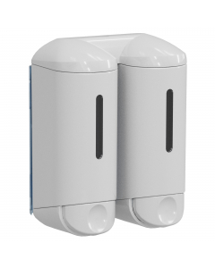 Dispenser per detergente doccia shampoo a riempimento. Capacità per serbatoio 0,17lt. Colore bianco. Erogazione a pulsante. Serratura a chiave, finestrella trasparente per controllare il livello di riempimento. Piastra di fissaggio a muro per una facile r
