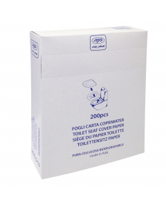 Carta copri WC bianca in fogli. Composizione 50% cellulosa vergine e 50 % fibre riciclate. Forma del copri WC: rettangolare con fustellatura centrale ricalcante la sagoma del sedile. Dimensioni del copri WC: 42x37,5cm. Adatta per dispenser cod. 61096.